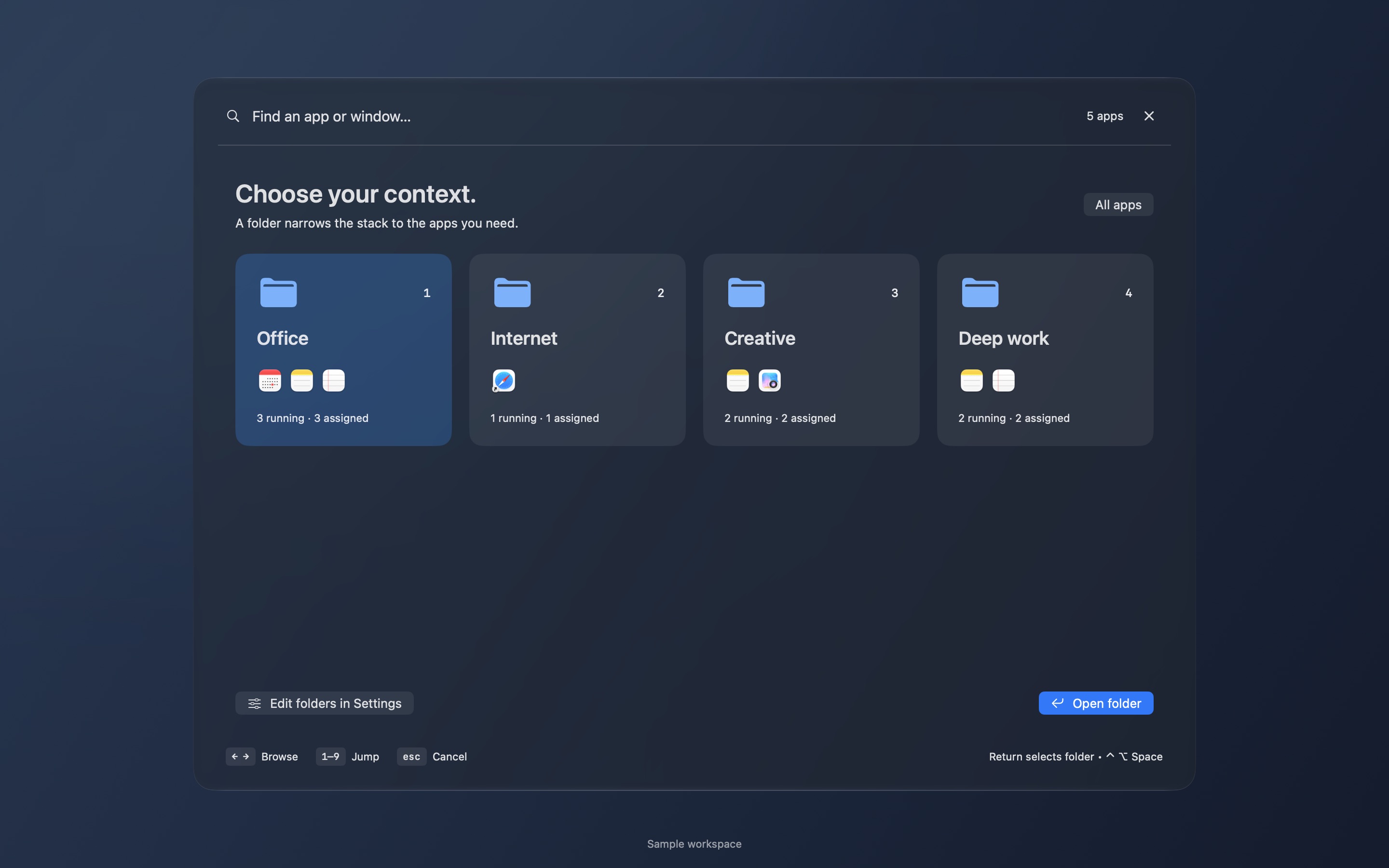 TabSwitcher’s folder picker showing app groups and numbered choices in the native translucent window.