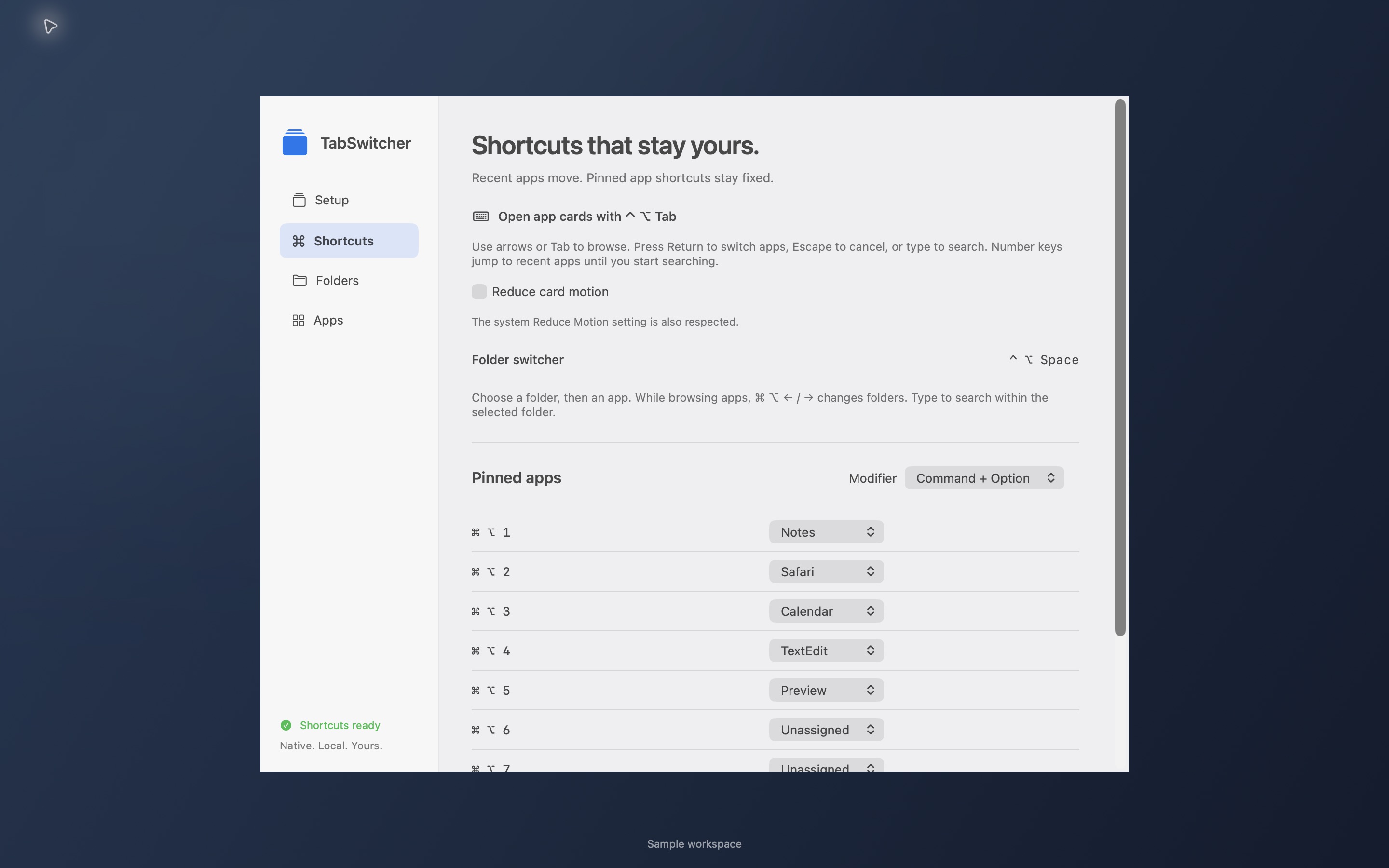 TabSwitcher’s native Shortcuts settings, with numbered app assignments and pin modifier choices.